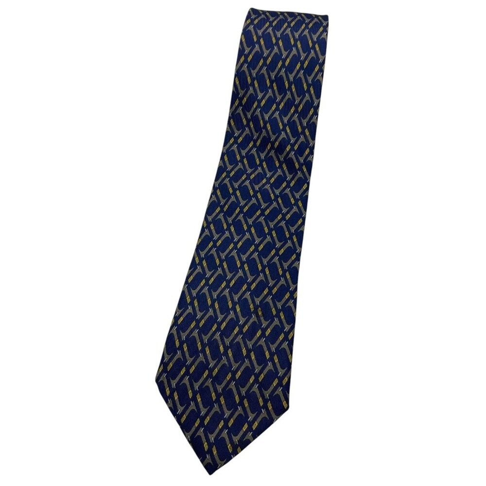 HERMÈS Men's 100% Silk Necktie LUXURY 7147 FA Blue Geometric W:3.4" EUC